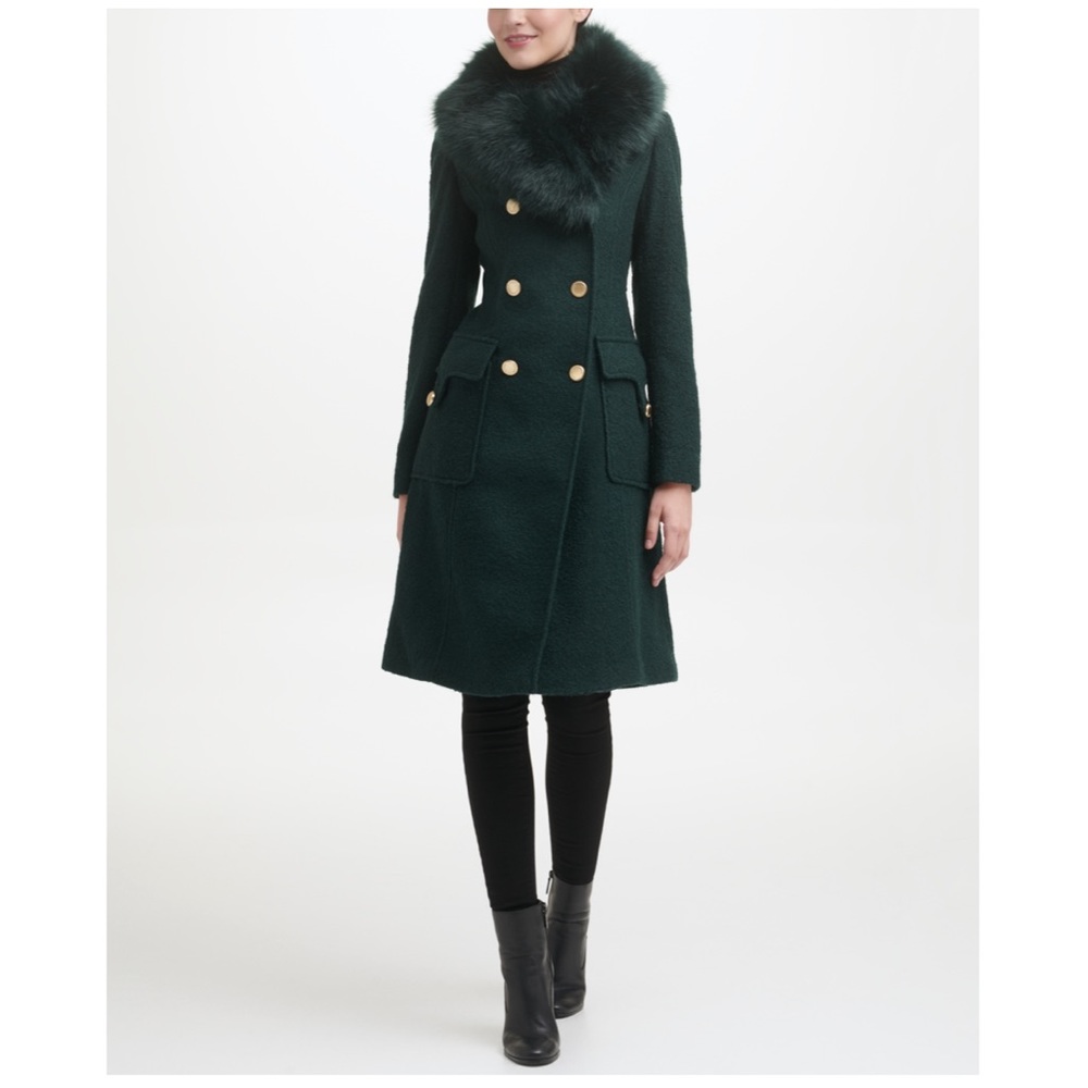 GUESS Women's Faux-Fur Collar Double-Breasted Walker Coat Large Emerald